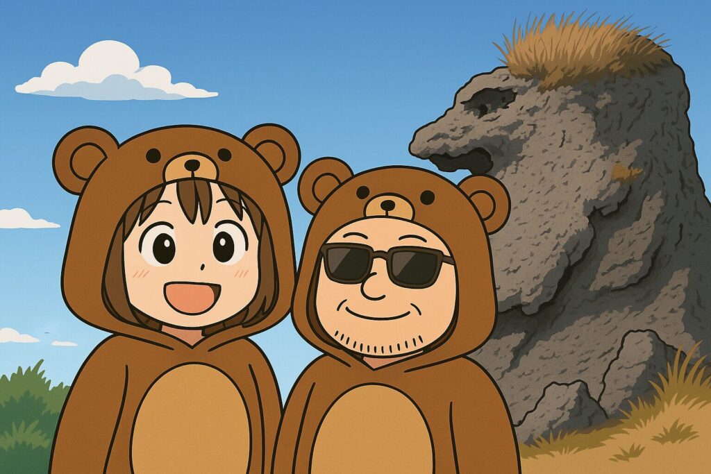 岩の前でくまの着ぐるみを着て記念撮影をするくま夫婦。晴天の下、自然と岩の迫力が際立つ一枚。
