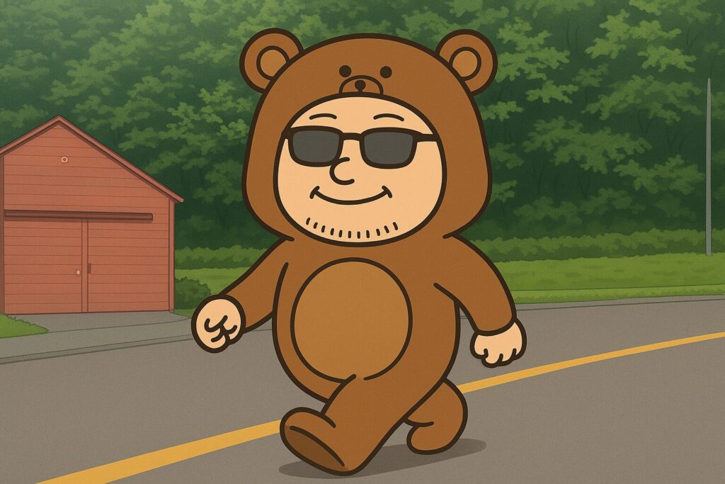 クマの着ぐるみを着た男性が笑顔で道路を歩いている様子。背景には緑の木々と赤い小屋が見える。