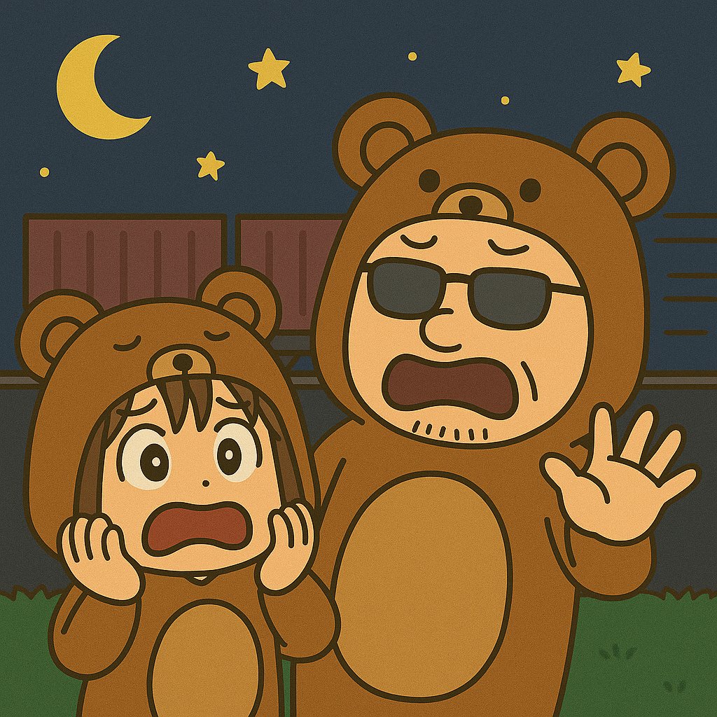 夜の道沿いで驚いた表情を見せるクマの着ぐるみを着た夫婦のイラスト。後方にはトラックが走っている。