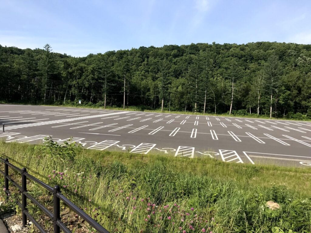 整然とした白線が引かれた広大な駐車場と、その奥に広がる森林