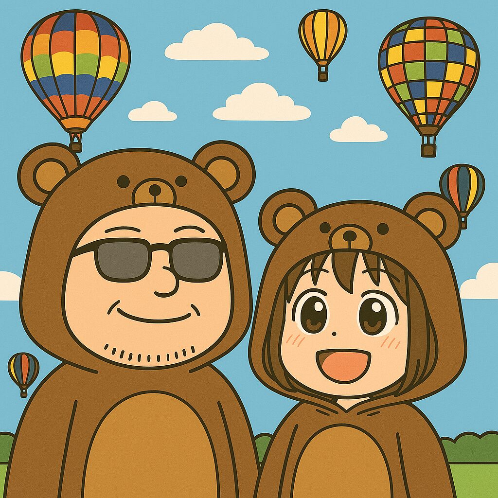 バルーンフェスティバルの空を背景に、クマの着ぐるみを着た男女のイラスト
