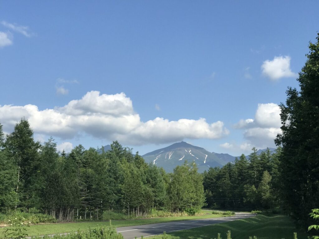 美瑛の道沿いから見える青空と雲、大雪山系の山々と森の風景