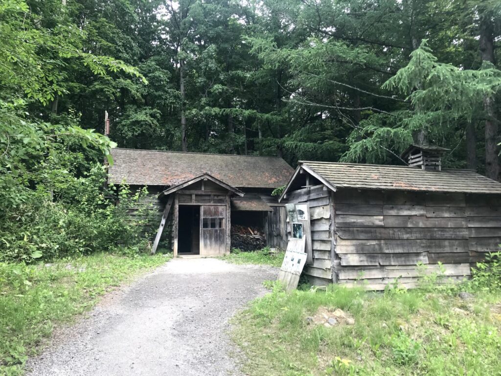 自由の森の一角にある木造の小屋。年季の入った外壁と、横に展示パネルが立てかけられている。
