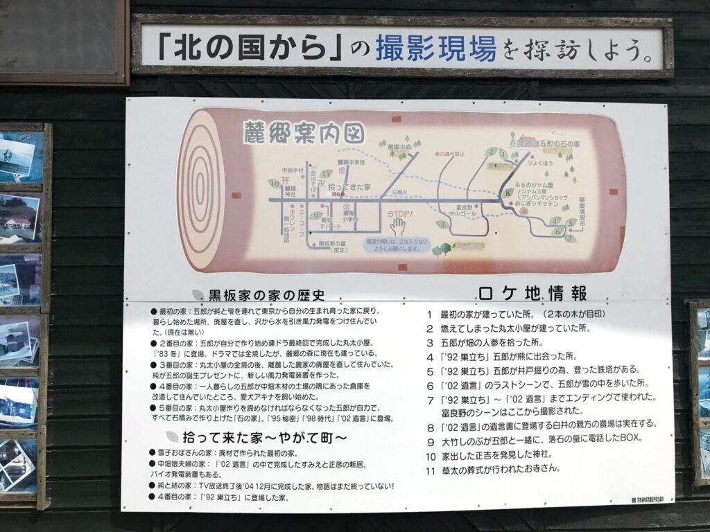 「北の国から」ロケ地の案内図と撮影スポットの解説板。富良野の観光名所として展示されている。