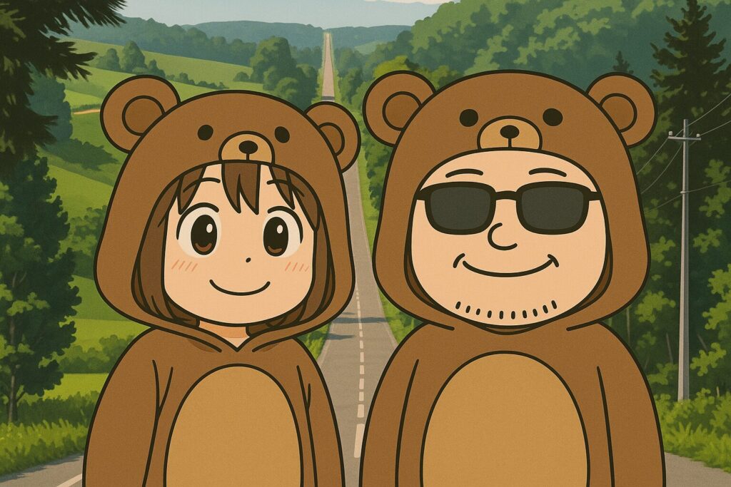 ジェットコースターの路を背景に並ぶクマ着ぐるみの夫婦イラスト(上富良野)