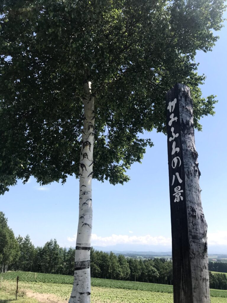 「かみふらの八景」と書かれた木柱と白樺の木、畑の広がる風景(上富良野)