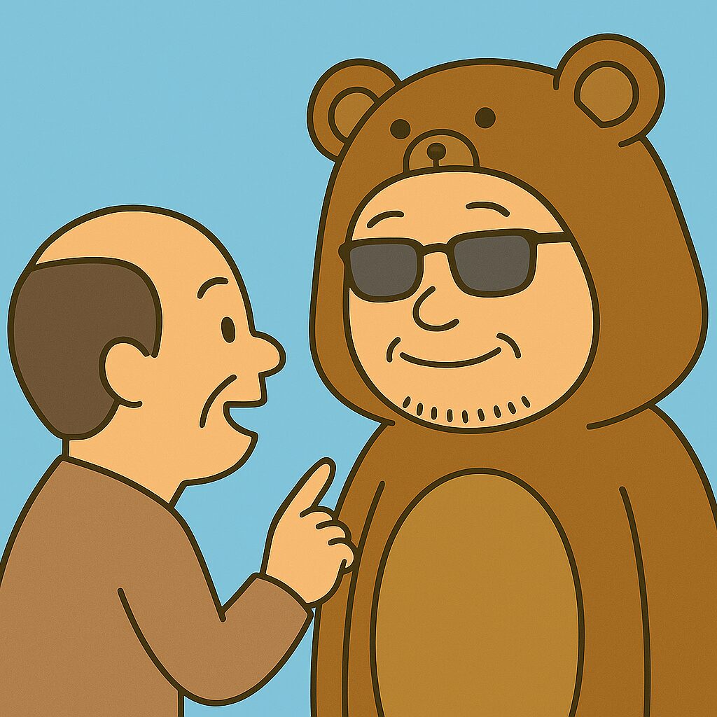 くまの着ぐるみを着たサングラスの男性が、別の男性から注意を受けているイラスト。