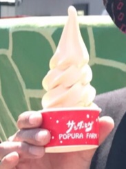 ポプラファームの赤いカップに入ったメロン風味のソフトクリームのアップ写真。