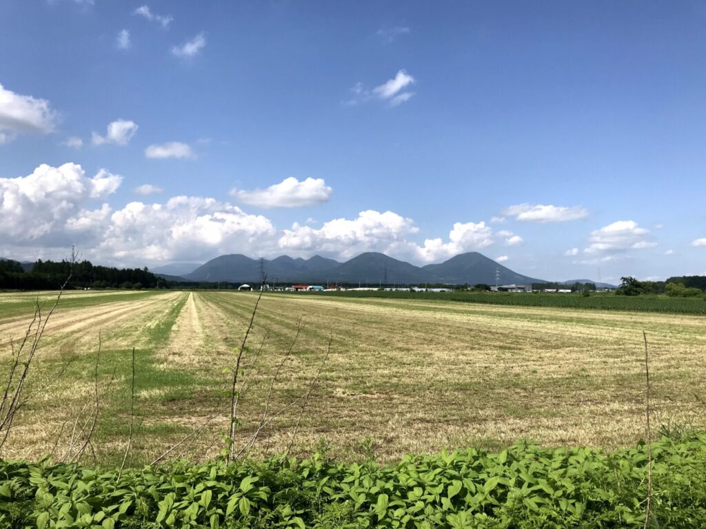 鹿追町から見える美しい山並みと広がる牧草地の風景