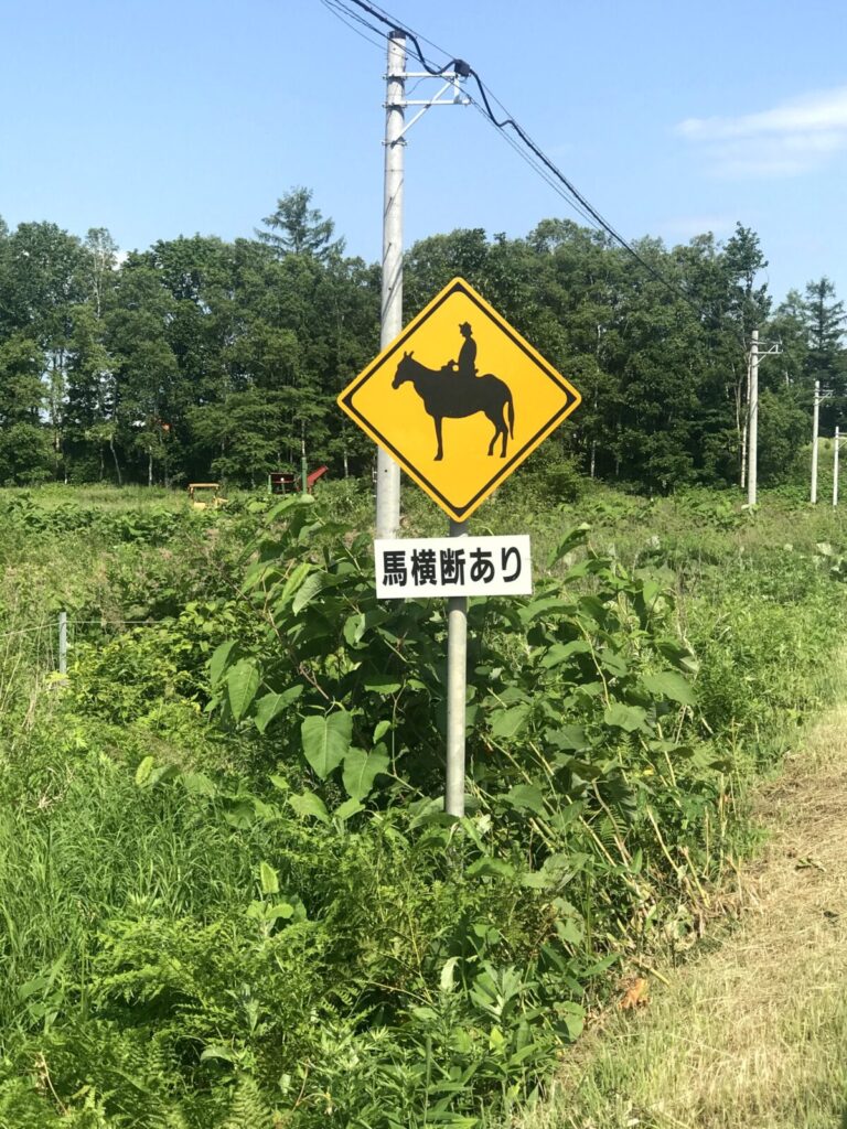 鹿追町にある馬横断注意の標識のクローズアップ