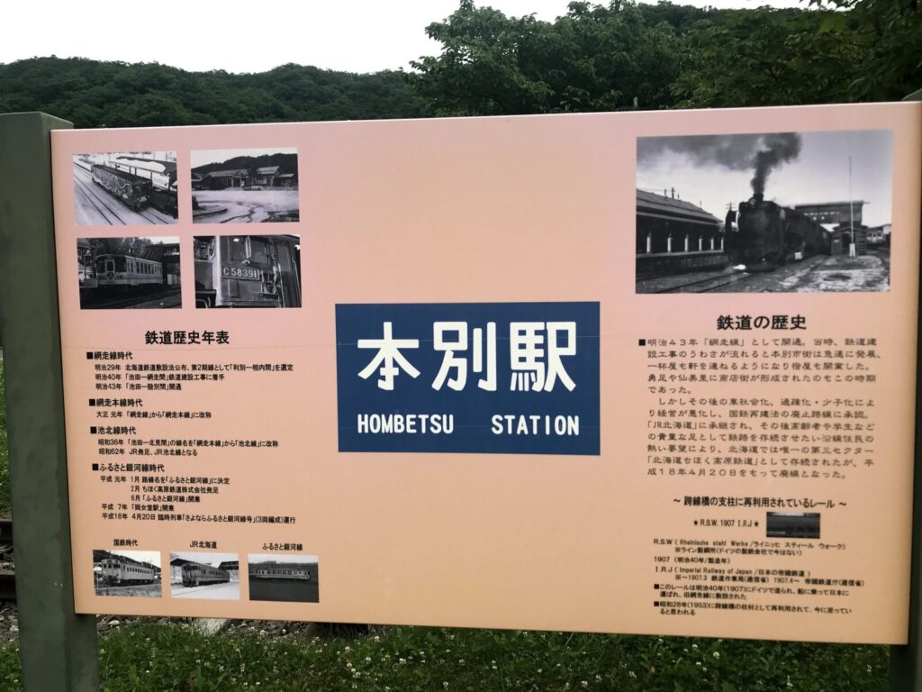 本別駅の鉄道史や歴史が詳しく解説された案内看板の写真