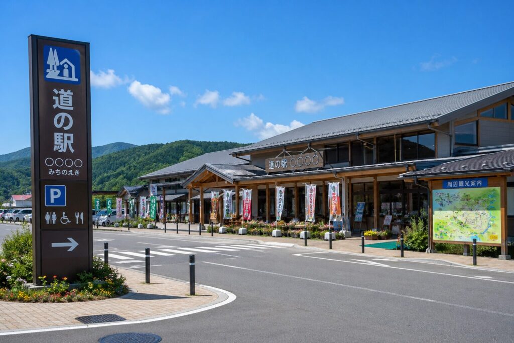 山を背景にした道の駅の外観と看板