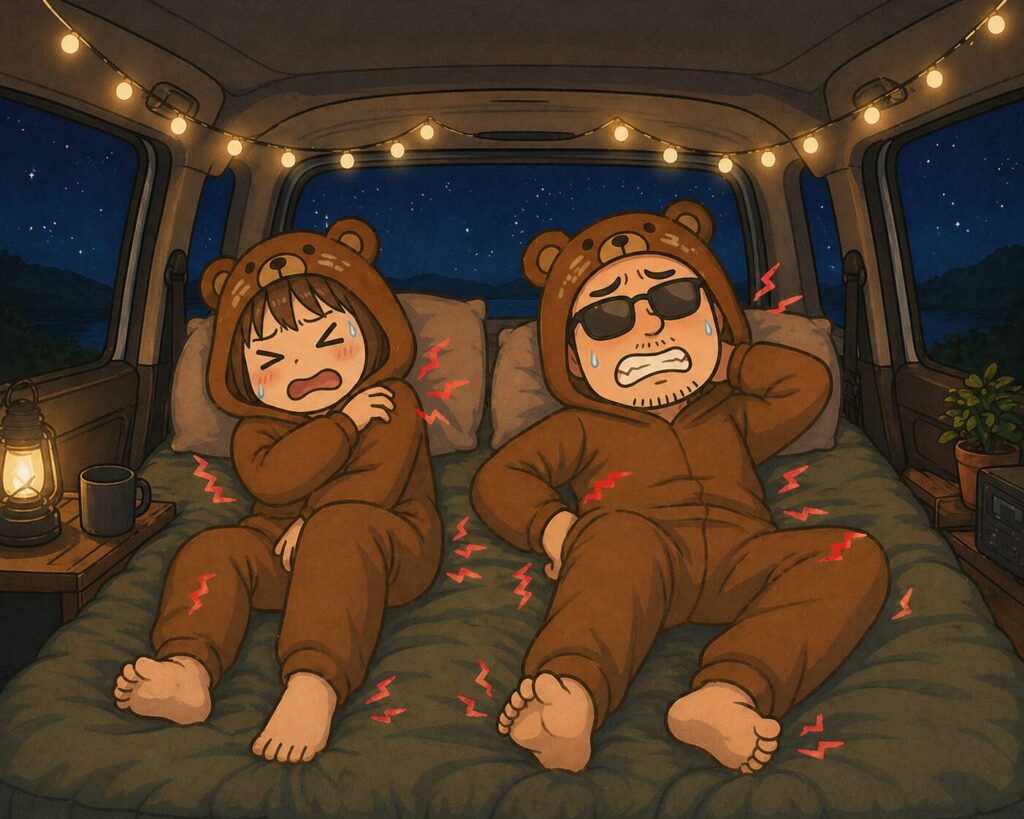 キャンピングカーの車内でマットが合わず体中が痛くて眠れないカップルのイラスト