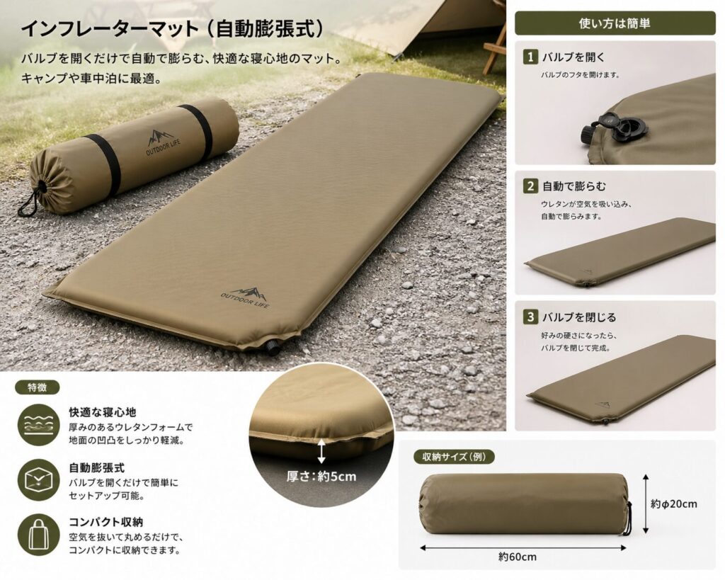 車中泊・キャンプ用インフレーターマット（自動膨張式）の使い方と収納サイズの説明画像