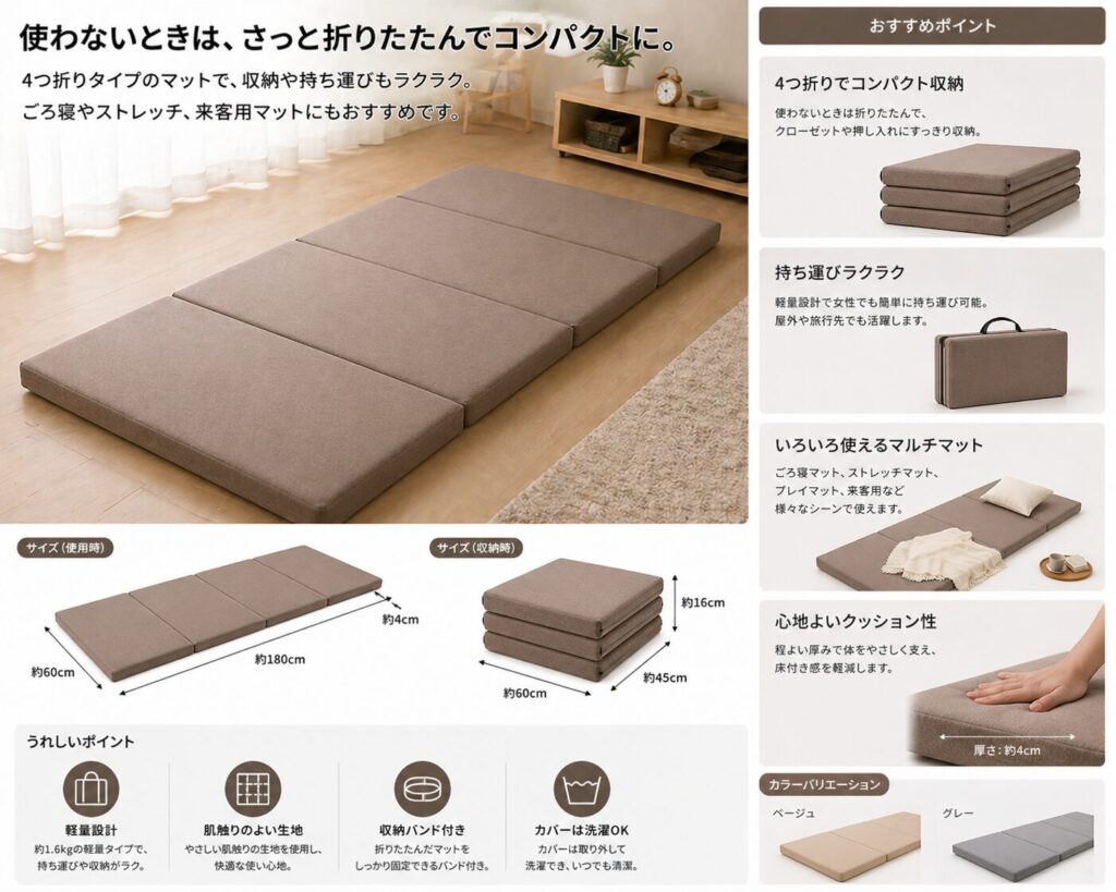 4つ折りコンパクトマットの使用時・収納時のサイズと特徴説明画像