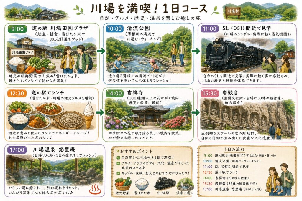 川場村を1日で満喫する観光モデルコース（道の駅・清流公園・SL見学・ランチ・吉祥寺・岩観音・温泉）のイラストマップ