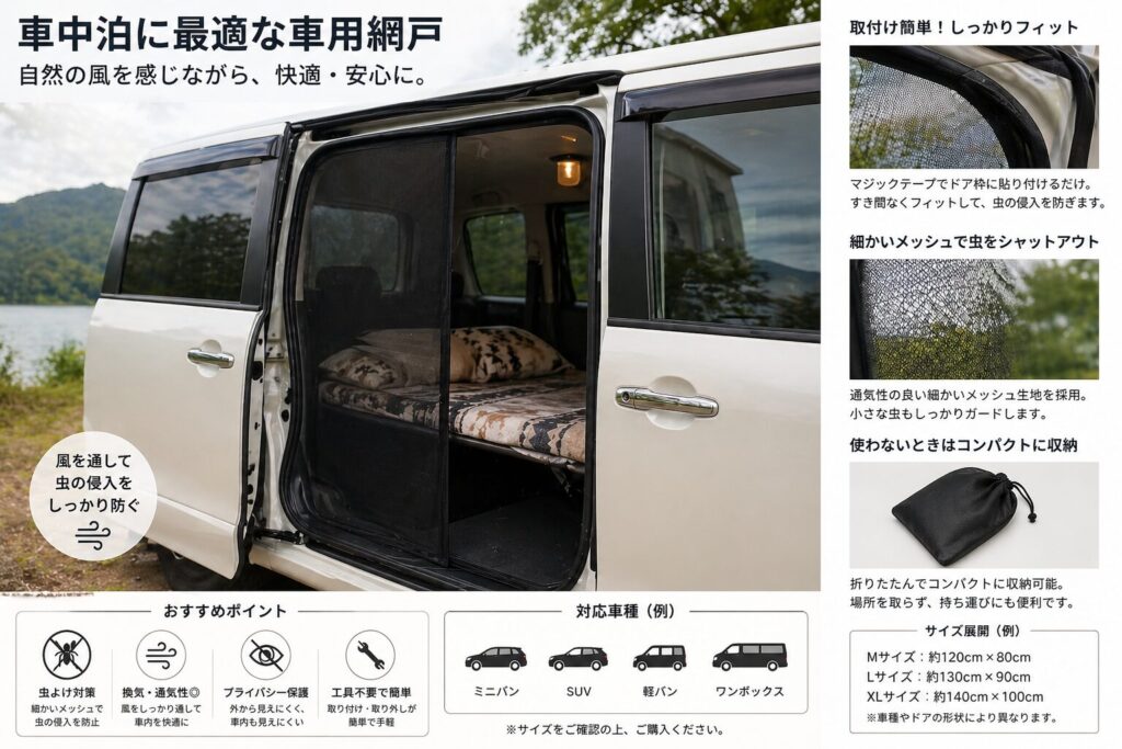 車中泊用 車用網戸 設置イメージ｜虫よけ・換気・プライバシー保護・工具不要で簡単装着・ミニバン/SUV/軽バン対応