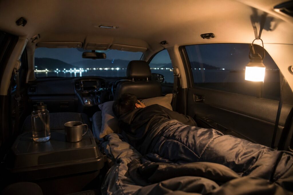 夜景が見える車の中でランタンの明かりのもと寝袋で就寝する男性