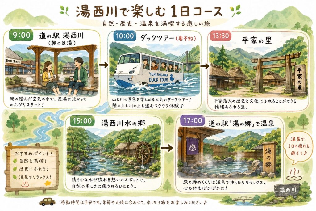 湯西川で楽しむ1日観光モデルコース（足湯・ダックツアー・平家の里・水の郷・温泉）のイラストマップ