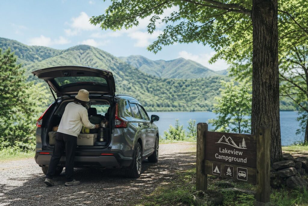 湖畔のキャンプ場でSUVのトランクから荷物を取り出す女性