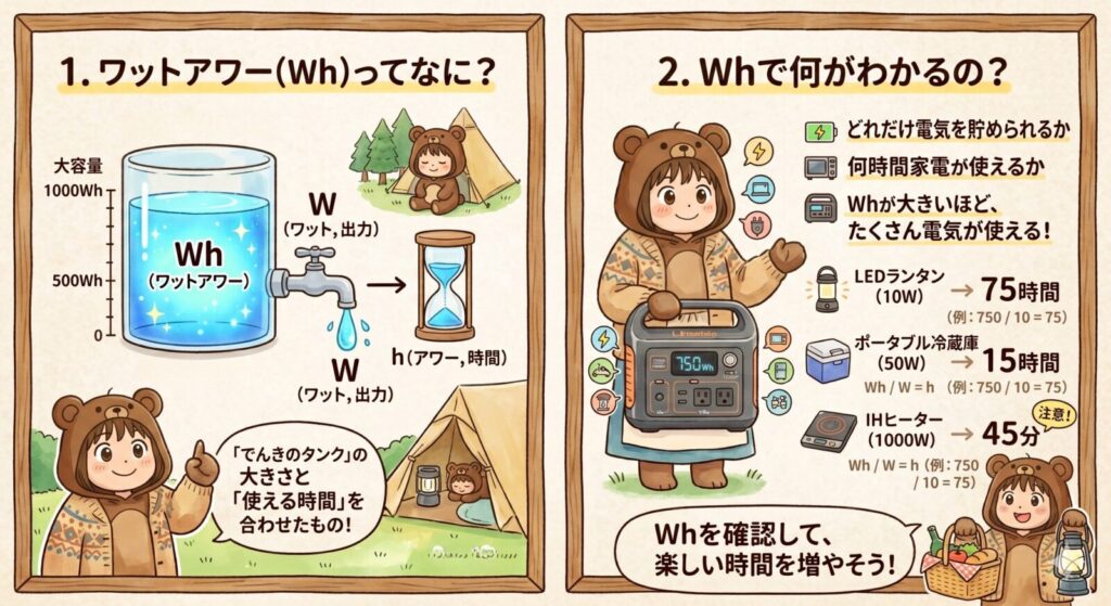 ワットアワー（Wh）の意味と使える時間の目安をくま嫁キャラクターが解説したイラスト