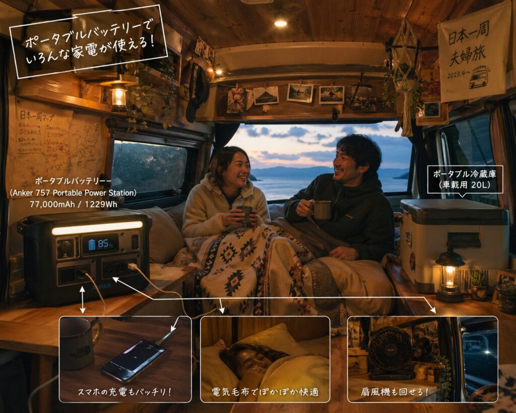 日本一周夫婦旅のキャンピングカー車内でAnkerポータブルバッテリーを使ってスマホ充電・電気毛布・扇風機を使用している様子