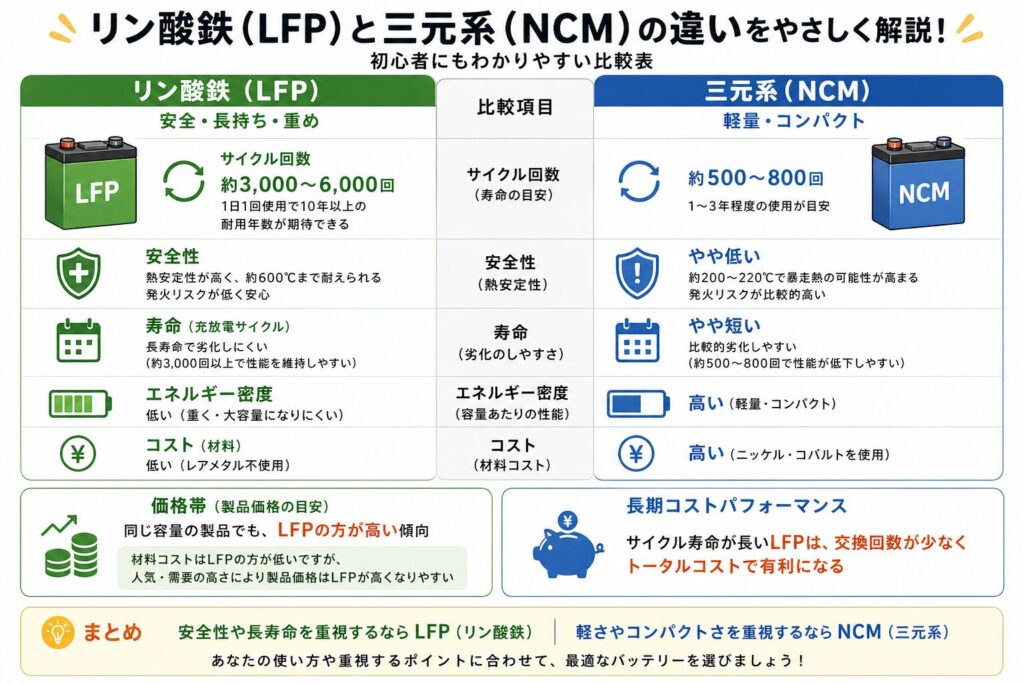ポータブル電源のバッテリー種類・リン酸鉄（LFP）と三元系（NCM）の違いを比較した表