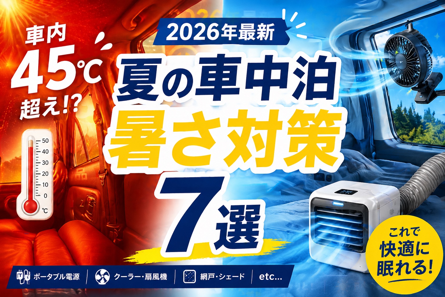 夏の車中泊 暑さ対策グッズ7選 2026年最新｜ポータブルクーラー・扇風機・網戸など