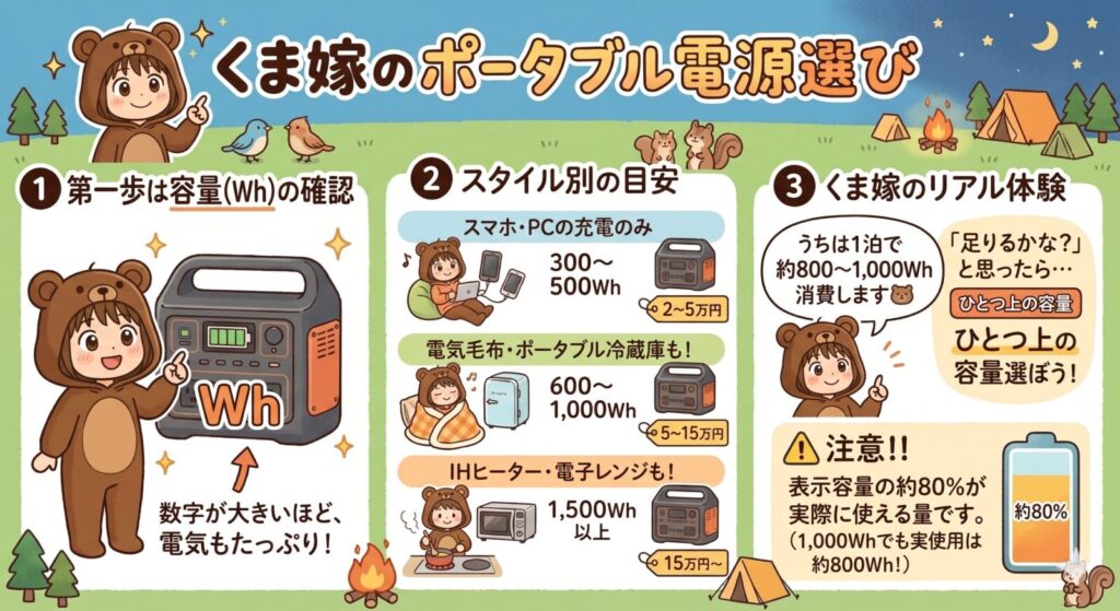 くま嫁がポータブル電源の選び方を容量・用途別・リアル体験の3ステップで解説したイラスト