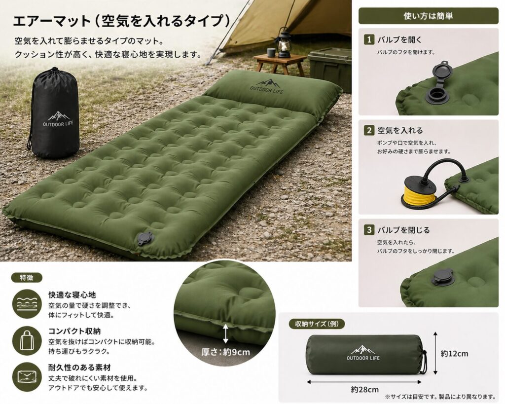 車中泊・キャンプ用エアーマット（空気を入れるタイプ）の使い方と収納サイズの説明画像