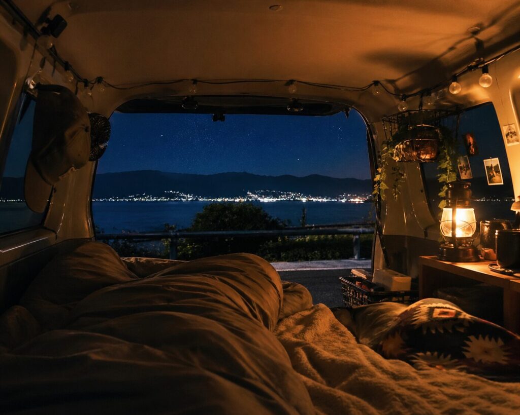 キャンピングカーの車内から見る夜景と星空