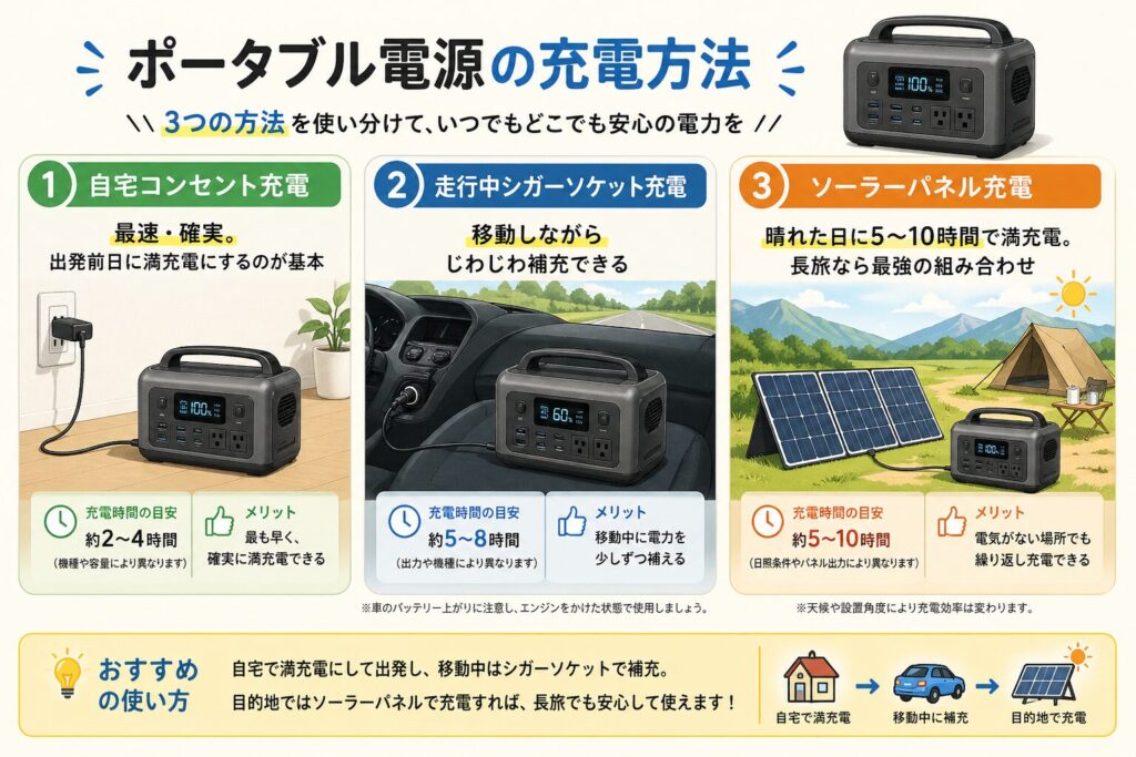 ポータブル電源の充電方法3種類（自宅コンセント・シガーソケット・ソーラーパネル）を解説した図解