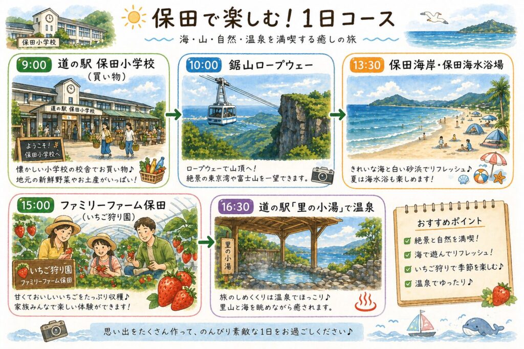 千葉県保田で楽しむ1日観光モデルコース（道の駅・鋸山ロープウェー・海水浴・いちご狩り・温泉）のイラストマップ