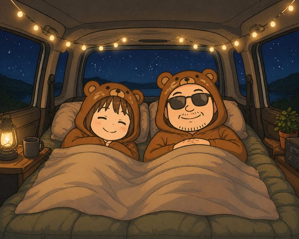 キャンピングカーの車内でくまの着ぐるみを着たカップルが星空の下で就寝するイラスト
