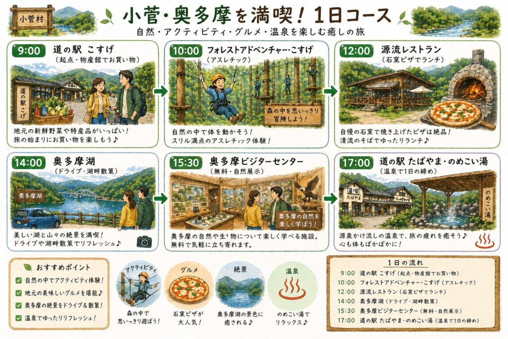 小菅村・奥多摩を1日で満喫する観光モデルコース（道の駅・アスレチック・石窯ピザ・奥多摩湖・温泉）のイラストマップ
