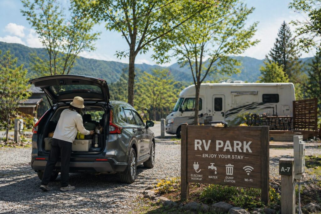 RVパークでSUVのトランクを整理する女性とキャンピングカー
