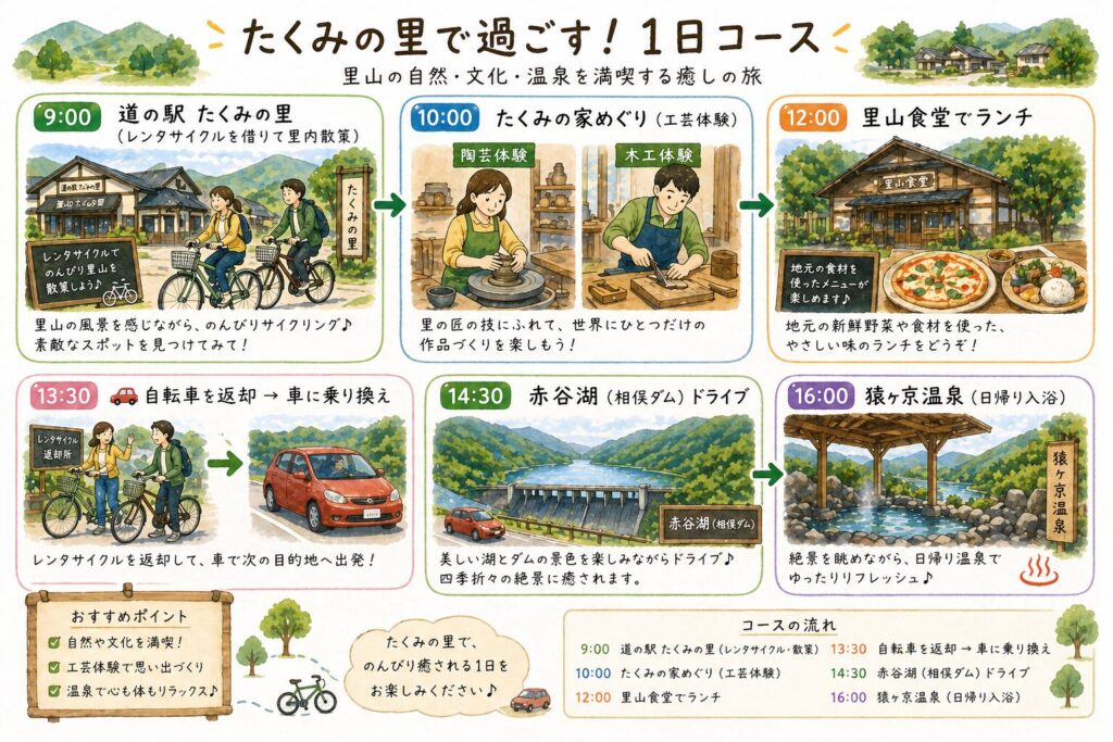 たくみの里で過ごす1日観光モデルコース（サイクリング・工芸体験・ランチ・赤谷湖・温泉）のイラストマップ