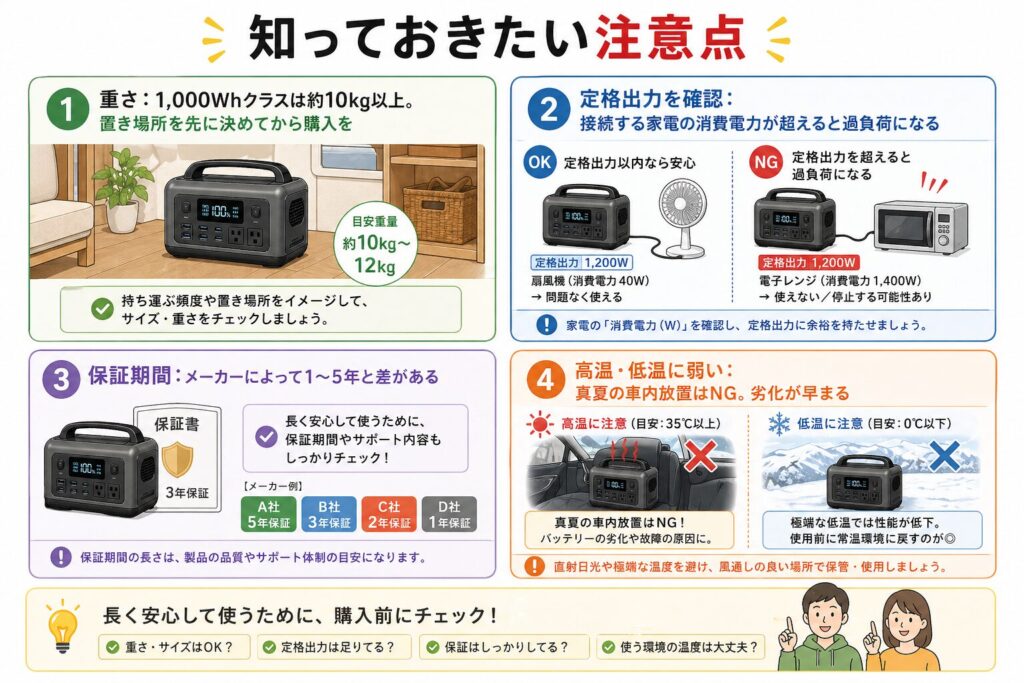 ポータブル電源を買う前に知っておきたい注意点4つ（重さ・定格出力・保証期間・温度管理）を解説した図解