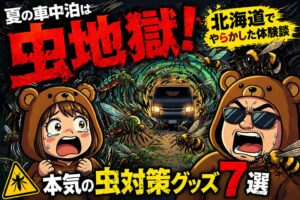 夏の夜にダークグレーのハイエースの前でくま嫁とくま旦那が虫の大群に囲まれて絶叫しているコミカルなイラスト