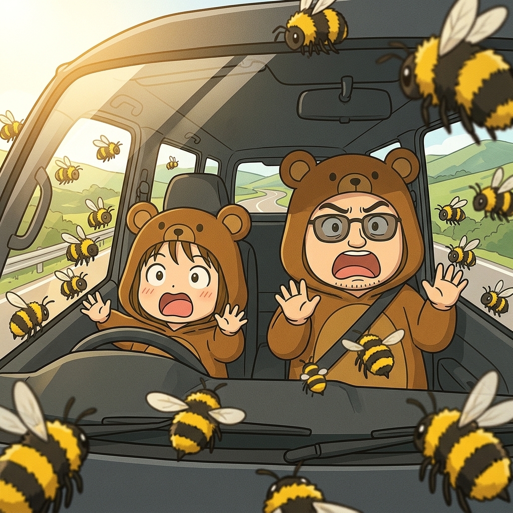 ハイエースがクマンバチの大群に包囲され、車内でくま嫁と旦那が驚いた顔をしているイラスト