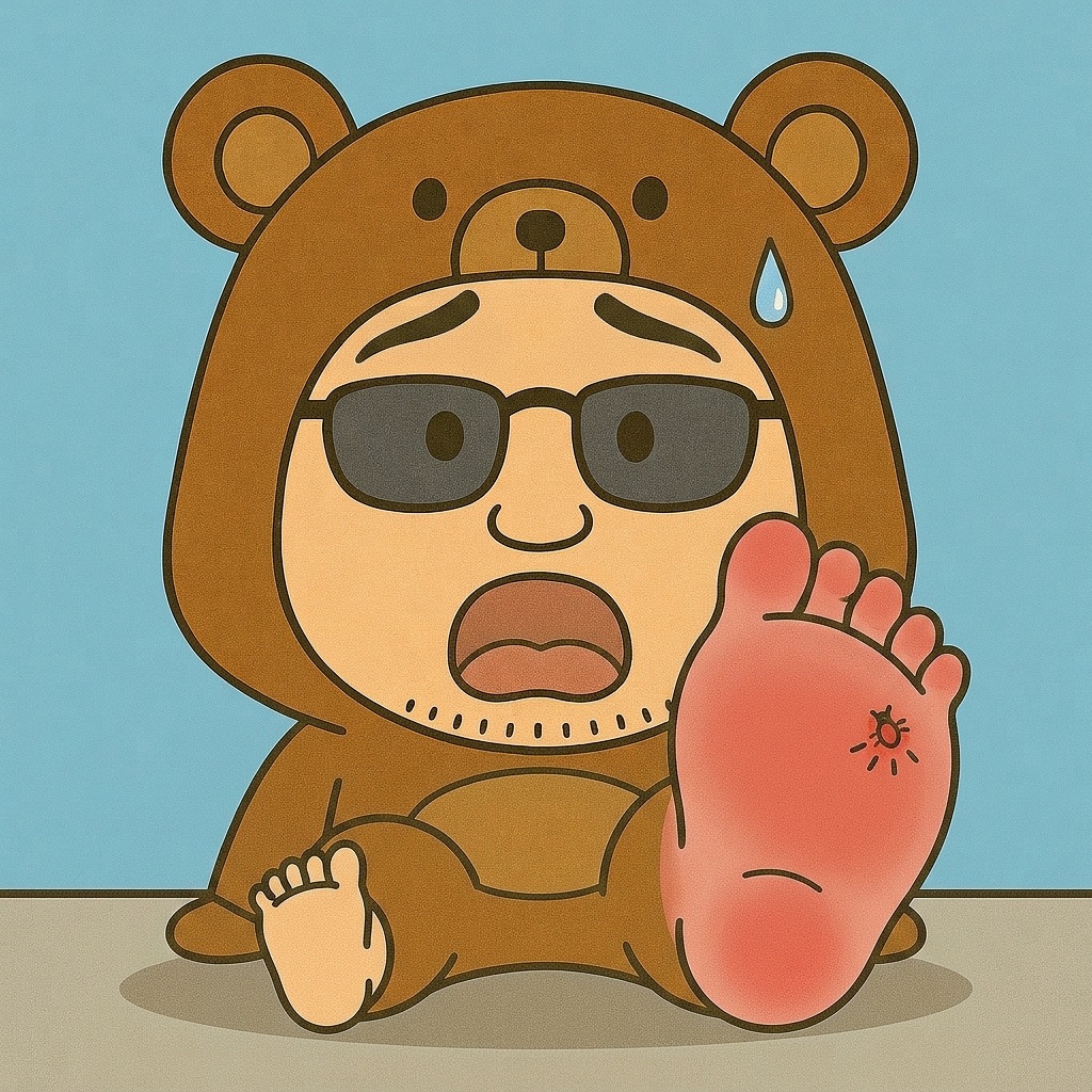 くま旦那が片足だけパンパンに腫れた足を見て絶句しているイラスト