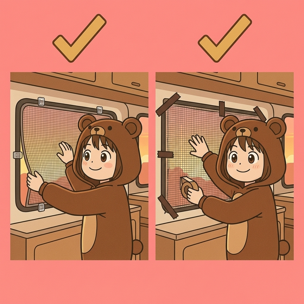 ハイエースの窓に市販の網戸とDIY網戸を並べて比較しているイラスト