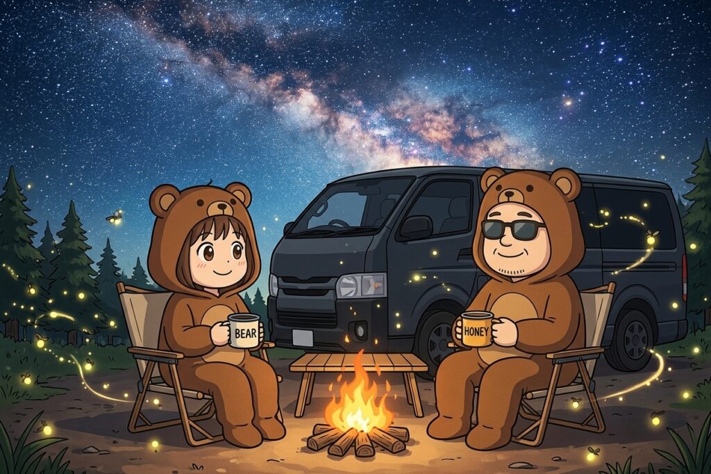 対策バッチリで虫のいない平和な夜、くま夫婦が焚き火のそばでコーヒーを飲みながら満天の星空を眺めているイラスト