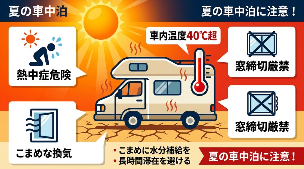 夏の車中泊の危険性を伝えるインフォグラフィック｜車内温度40℃超・熱中症危険・窓締切厳禁・こまめな換気の注意喚起