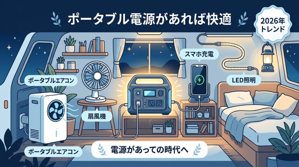 2026年車中泊トレンド｜ポータブル電源を中心にエアコン・扇風機・LED照明・スマホ充電を接続した快適なキャンピングカー車内イメージ