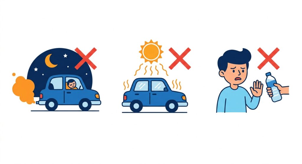 車中泊でやってはいけない3つのNG行動のイラスト