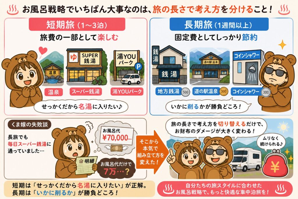 短期旅と長期旅のお風呂戦略を図解したインフォグラフィック。くま嫁とくま旦那が短期は名湯・スーパー銭湯・湯YOUパークで楽しむ、長期は地方銭湯・道の駅温泉・コインシャワーで節約する考え方を説明している