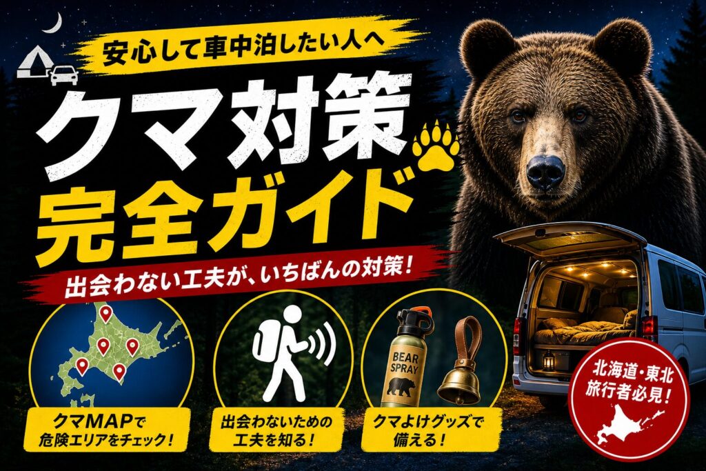夜の森を背景にクマのシルエットと車中泊バンが写るクマ対策記事のアイキャッチ画像