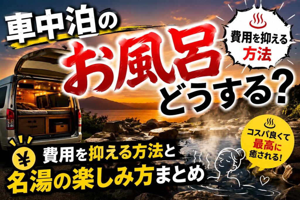 ◆ 代替テキスト 車中泊のお風呂をどうするか、費用を抑える方法と名湯の楽しみ方を紹介するアイキャッチ画像