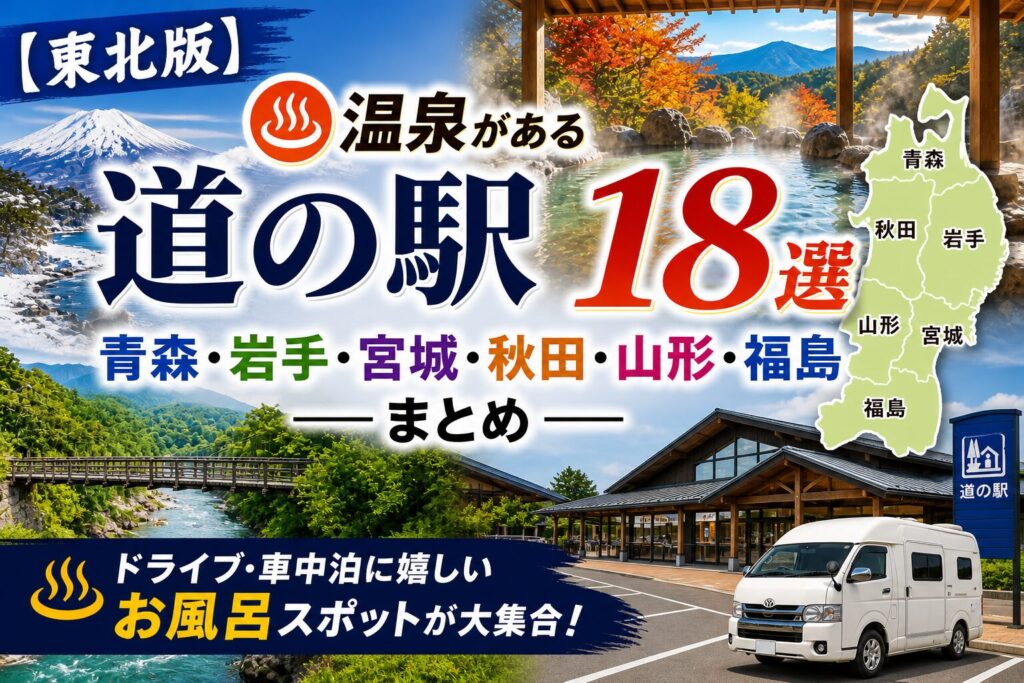 東北地方で温泉がある道の駅18か所まとめのアイキャッチ。東北6県の地図・渓谷・露天風呂・道の駅の写真コラージュ